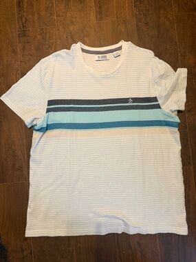Original Penguin White Short-Sleeve Crewneck Tee with Blue Stripe Accents